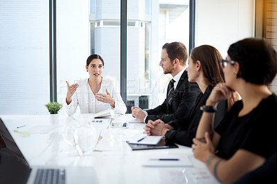 Buy stock photo Meeting, leader and woman with business people in conference room with discussion, tech or planning. Boardroom, men and women in corporate workshop with laptop, b2b report and trust at startup office