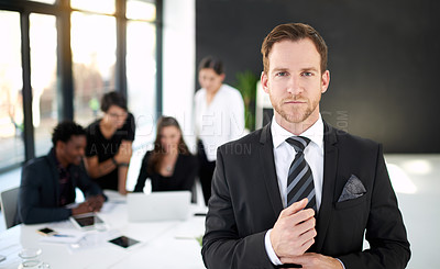 Buy stock photo Corporate, portrait of businessman in office with confidence for leader or manager and team in meeting. Pride, smile and man with business people, collaboration and work on startup project or agency