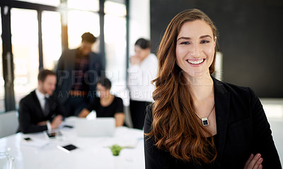 Buy stock photo Professional, portrait of businesswoman in office with confidence for leader or manager and team in meeting. Pride, smile and woman with business people, collaboration and work on startup project