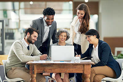 Buy stock photo Smile, laptop or happy business people in meeting for team strategy or planning a startup company. CEO, diversity or employees smiling with notes, leadership or group support for success in office