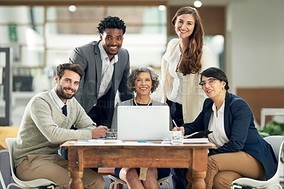 Buy stock photo Happy, diversity or portrait of business people in meeting for team strategy or planning a startup company. CEO, laptop or employees smiling with leadership or group support for growth in office 