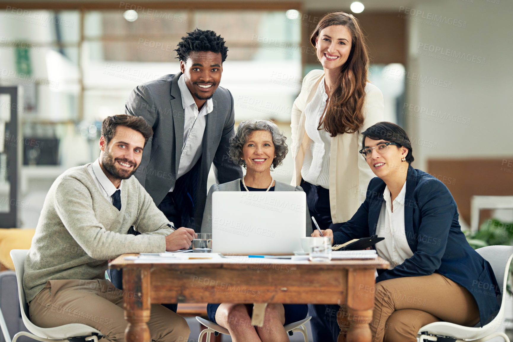 Buy stock photo Happy, diversity or portrait of business people in meeting for team strategy or planning a startup company. CEO, laptop or employees smiling with leadership or group support for growth in office 