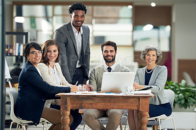 Buy stock photo Happy, startup or portrait of business people in meeting for team strategy or planning a project in company. CEO, laptop or employees smiling with leadership or group support for success in office 