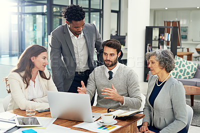 Buy stock photo Laptop, teamwork or businessman speaking in meeting for ideas, strategy or planning a startup company. CEO, diversity or employees in group discussion or talking with leadership for growth in office