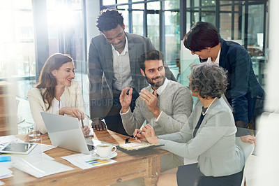 Buy stock photo Business people, teamwork or man talking in meeting for ideas, strategy or planning a startup company. CEO, laptop or employees in group discussion or speaking with leadership for a vision in office
