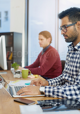 Buy stock photo Laptop, typing and business man in office for email, report or planning proposal on creative project. Design, technology and employee for networking, communication or internet browsing at workstation