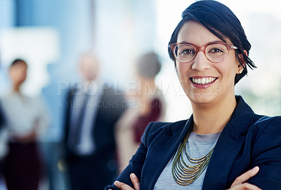 Buy stock photo Happy, business woman and leadership in portrait for administration and management in office. Female manager, company leader and smile with workplace vision for corporate collaboration and pride