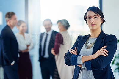 Buy stock photo Portrait, business and woman with arms crossed, confidence and cooperation with teamwork and group. Face, person or consultant with collaboration, attorney and lawyer with corporate and legal aid