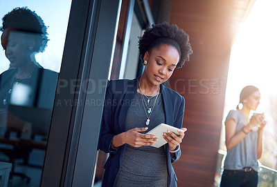 Buy stock photo Business people, women and tablet with typing, connection and website info with internet, digital app and research. Break, employees and worker with technology, communication and email with good news
