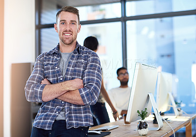 Buy stock photo Portrait, business and man with arms crossed, smile and confidence with graphic designer, modern office and proud. Face, people and entrepreneur with computer, career ambition and startup with tech
