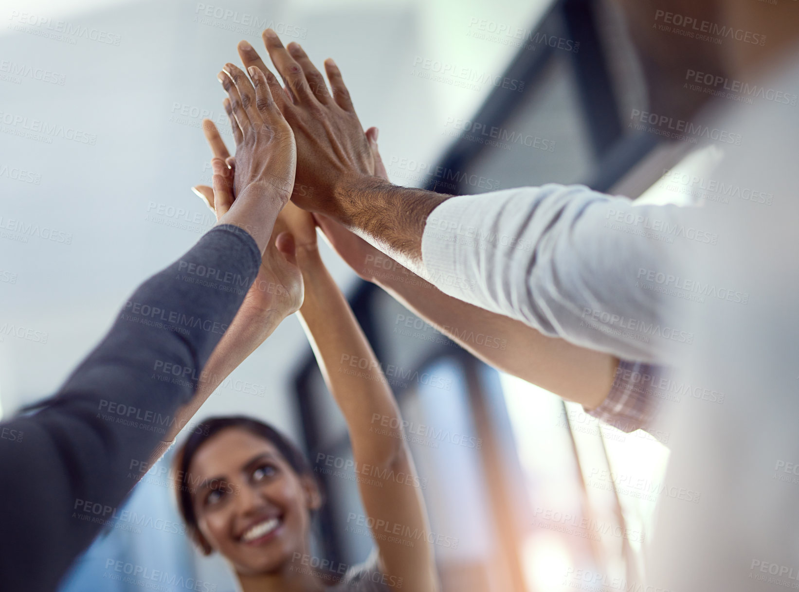 Buy stock photo Team building, hands and high five and business people in office for goal celebration, target and motivation. Solidarity, unity and group with palm together in support of partnership, trust or faith
