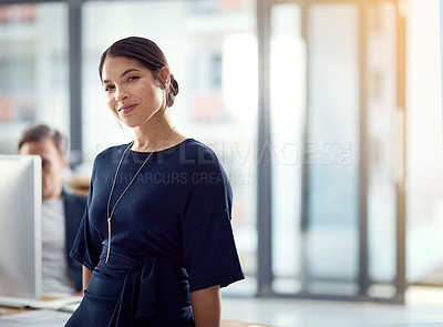 Buy stock photo Business woman, portrait and agency with confidence at modern office for entrepreneur career ambition. Young female person or employee with smile for organization, job employment or creative startup