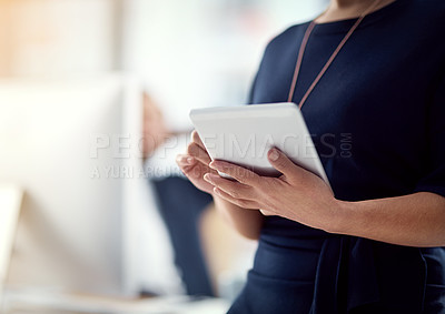 Buy stock photo Business woman, hands and browsing with tablet for research, social media or company data at office. Closeup of female person, analyst or employee working on technology for online search, app or news