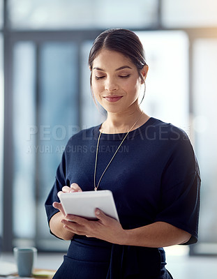 Buy stock photo Business woman, trading and investing with tablet for finance, browsing or online stock at office. Young female person, broker or trader with smile for technology, investment or financial confidence