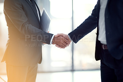 Buy stock photo Handshake, business men and deal in an office with b2b and agreement from partnership. Corporate, collaboration and meeting with greeting and shaking hands from teamwork and welcome to company