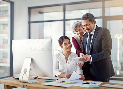 Buy stock photo Meeting, computer and business people in office on tablet for online project, consulting and advice. Corporate agency, professional and men and women talking for teamwork, collaboration and feedback