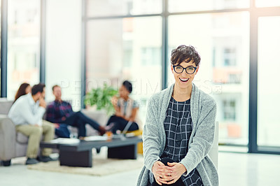 Buy stock photo Woman, portrait and leader in office, employee and confident at startup company or agency. Female person, management pride and mentor smile in workplace, professional and happy for global business