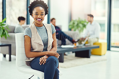 Buy stock photo Black woman, portrait and company leader in office, employee and confident for startup agency. Female person, management pride and mentor smile in workplace, professional and happy for business