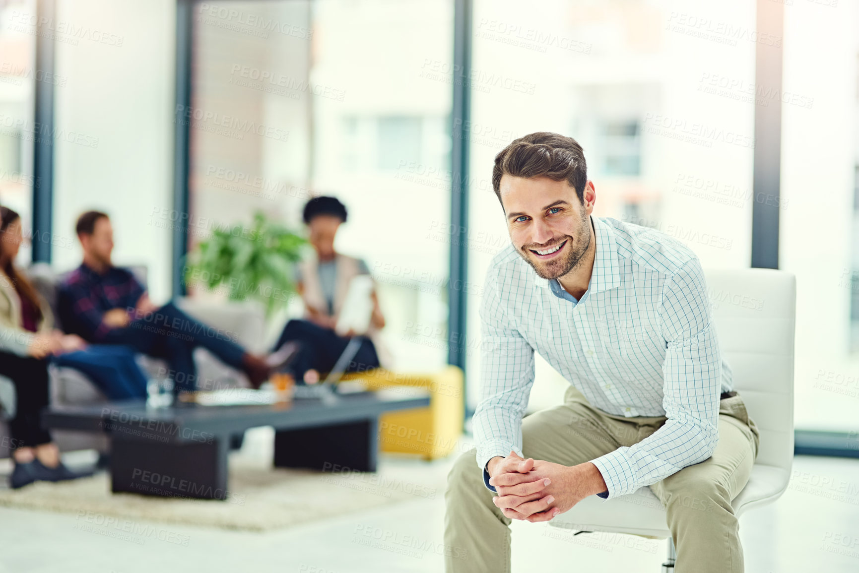 Buy stock photo Man, portrait and company leader in office, employee and confidence at startup agency. Male person, management pride and mentor smile in workplace, professional and positive for global business