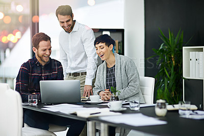 Buy stock photo Business, people and happy at boardroom with laptop for meeting on teamwork, collaboration on project. Office, strategy and smile in startup company for achievement, report and feedback as partners