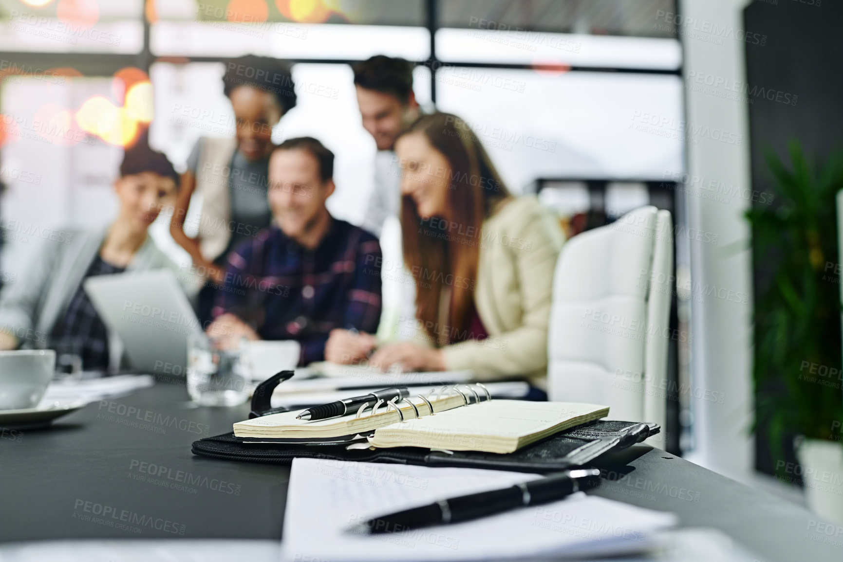 Buy stock photo Notebook, pen and notes or agenda in boardroom for meeting on teamwork, collaboration on project. Office, people and business for planning, strategy and feedback as copywriter and share ideas on task