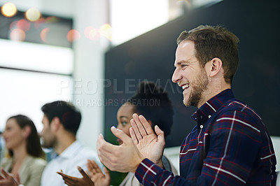 Buy stock photo Applause, seminar and business people in office boardroom for finance presentation or team building. Clapping hands, collaboration and group of financial advisors at corporate workshop or meeting.