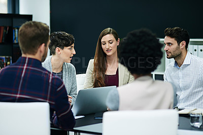 Buy stock photo Team work, conversation and meeting with office desk, collaboration and company project. Employee, together and discussion for information, coworking and professional people for brainstorming idea