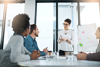Buy stock photo Team, woman and writing in meeting, office or boardroom for project as management for company or business. Group, presentation and whiteboard with sticky notes and graph for metrics in brainstorming