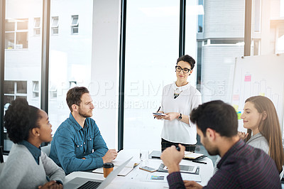Buy stock photo Woman, mentor and training in meeting with presentation for feedback, info and development of team. Business, workshop and manager coaching group with idea to progress productivity and increase sales