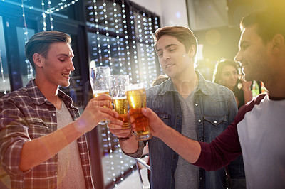 Buy stock photo Men, beers and cheers with friends drinking at social event,  restaurant or party with happiness. People, alcohol and glasses to toast at  pub for happy hour, conversation or  celebration together