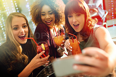 Buy stock photo Friends, selfie and face for clubbing party, diversity and fun with alcohol or cocktails in club for entertainment. Smartphone, happy and online for social media post, technology and celebration