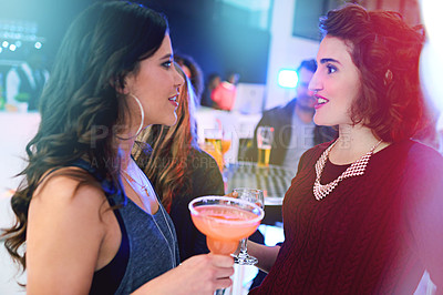 Buy stock photo Women, friends and cocktail party with conversation in nightclub, event and happy together. People, club and drink with margarita, alcohol and smile with celebration for new year with chat in night