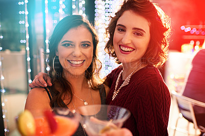 Buy stock photo Portrait, cocktail or women with club toast pov for hotel, fun and night, party and celebration. Happy, face and friends with fruit mojito cheers for luxury, birthday and restaurant disco or event