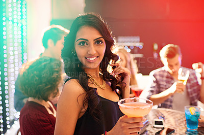 Buy stock photo Portrait, woman and cocktail in party for celebration, birthday and event with friends. Disco lights, female person and alcohol for drinking in night club, concert and enjoying with techno music