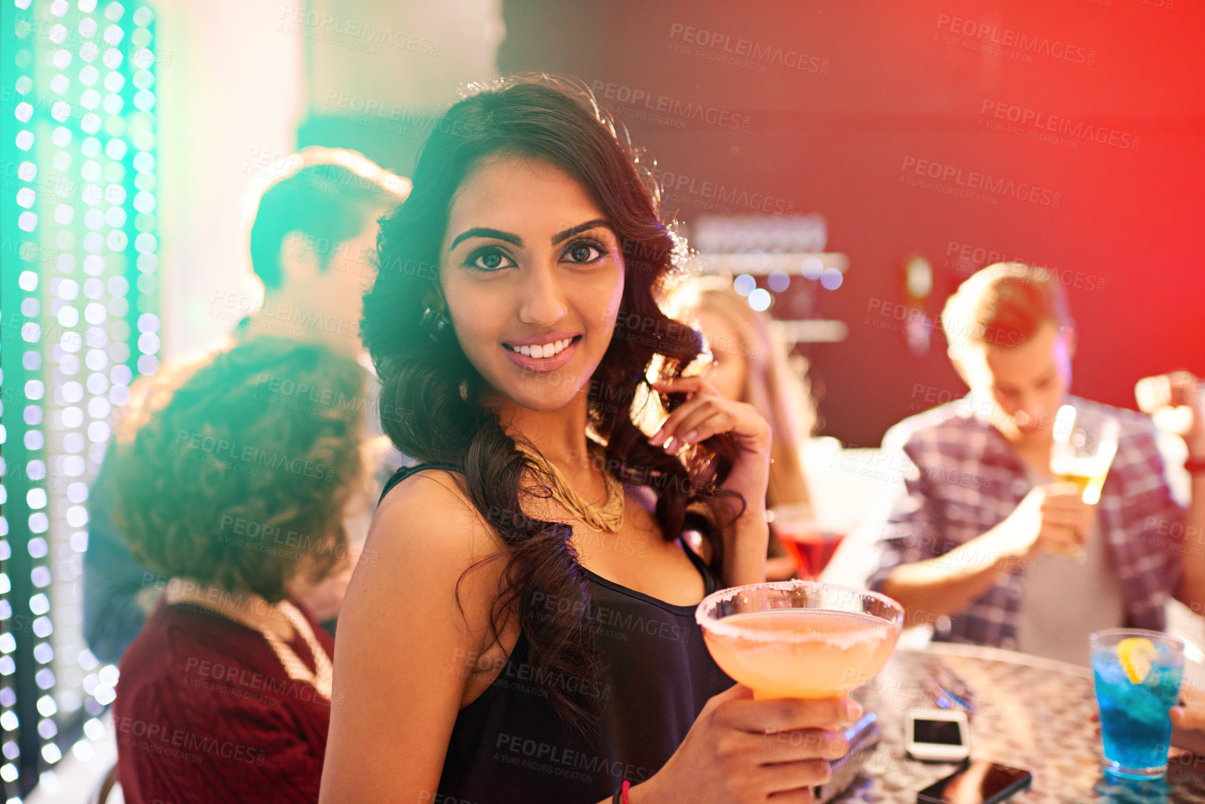 Buy stock photo Portrait, woman and cocktail in party for celebration, birthday and event with friends. Disco lights, female person and alcohol for drinking in night club, concert and enjoying with techno music