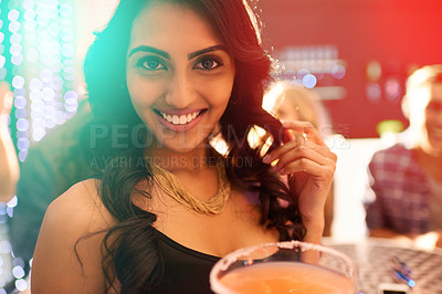 Buy stock photo Portrait, girl and cocktail in party for celebration, birthday and event with friends. Disco lights, female person and alcohol for drinking in night club, concert and enjoying with margarita