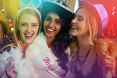 Buy stock photo Women, fashion party or bachelorette portrait in club or event for celebration, memories and bonding. Happy, female friends or group together for nightlife fun, disco and festival or freedom