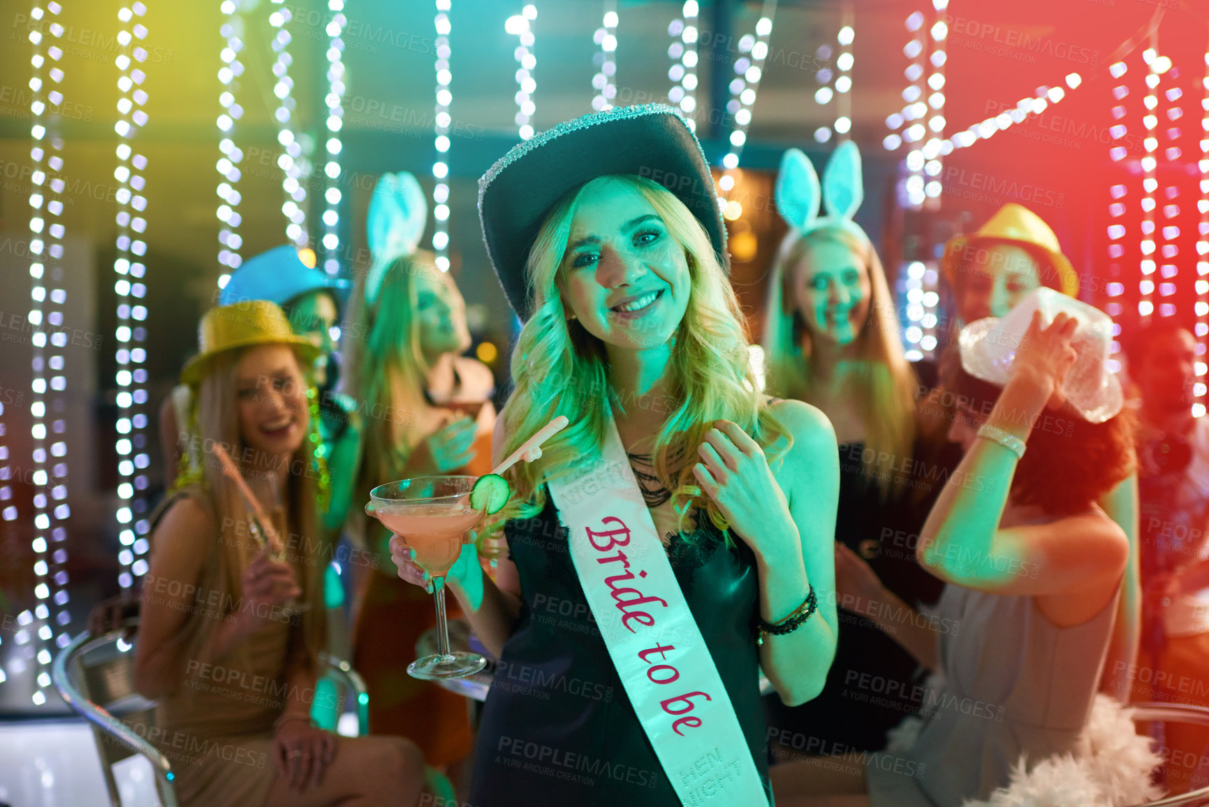 Buy stock photo Woman, portrait and bride alcohol in club, bachelorette event and celebration at night party. Female person, cocktail and drinking at happy hour for fun, confident and festival aesthetic for freedom