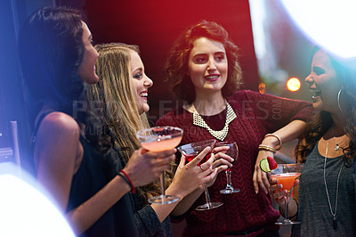 Buy stock photo Women, friends and cocktail with party in nightclub, event and conversation at happy hour. Group, club and drink with laughing, alcohol and smile with celebration for new year with reunion in night