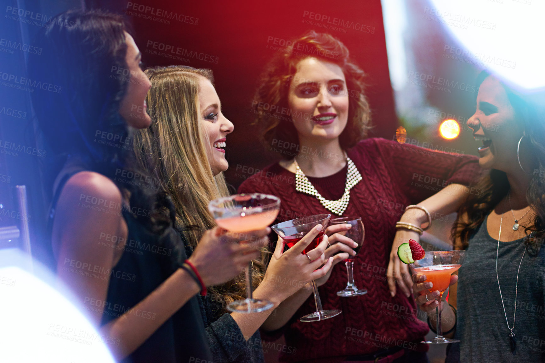 Buy stock photo Women, friends and cocktail with party in nightclub, event and conversation at happy hour. Group, club and drink with laughing, alcohol and smile with celebration for new year with reunion in night