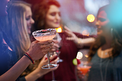 Buy stock photo Hand, friends and cocktail with women in nightclub, event and conversation at happy hour. People, club and drink with cheers, alcohol and smile with celebration for new year with reunion in night