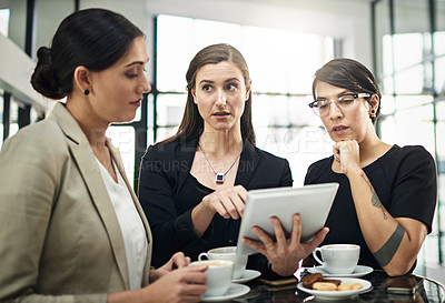 Buy stock photo Women, team and confused in office with tablet for daily business review or feedback and unsure for online information. People, digital technology and web for company growth or progress and results.