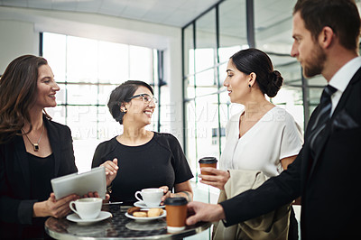 Buy stock photo Business people, tablet and coffee break with conference, conversation and planning with networking. Staff, group and employees with technology, digital app or connection with morning tea or speaking