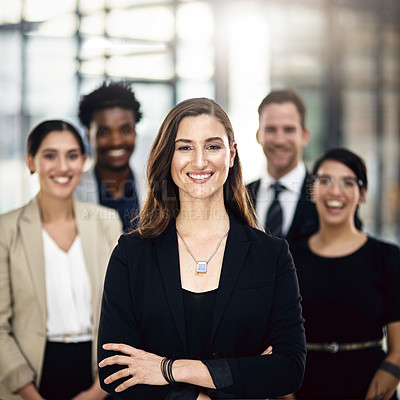 Buy stock photo Business people, portrait and office with teamwork, diversity and support with corporate professional. Legal aid, attorney and lawyer with confidence, leader or collaboration with management or smile
