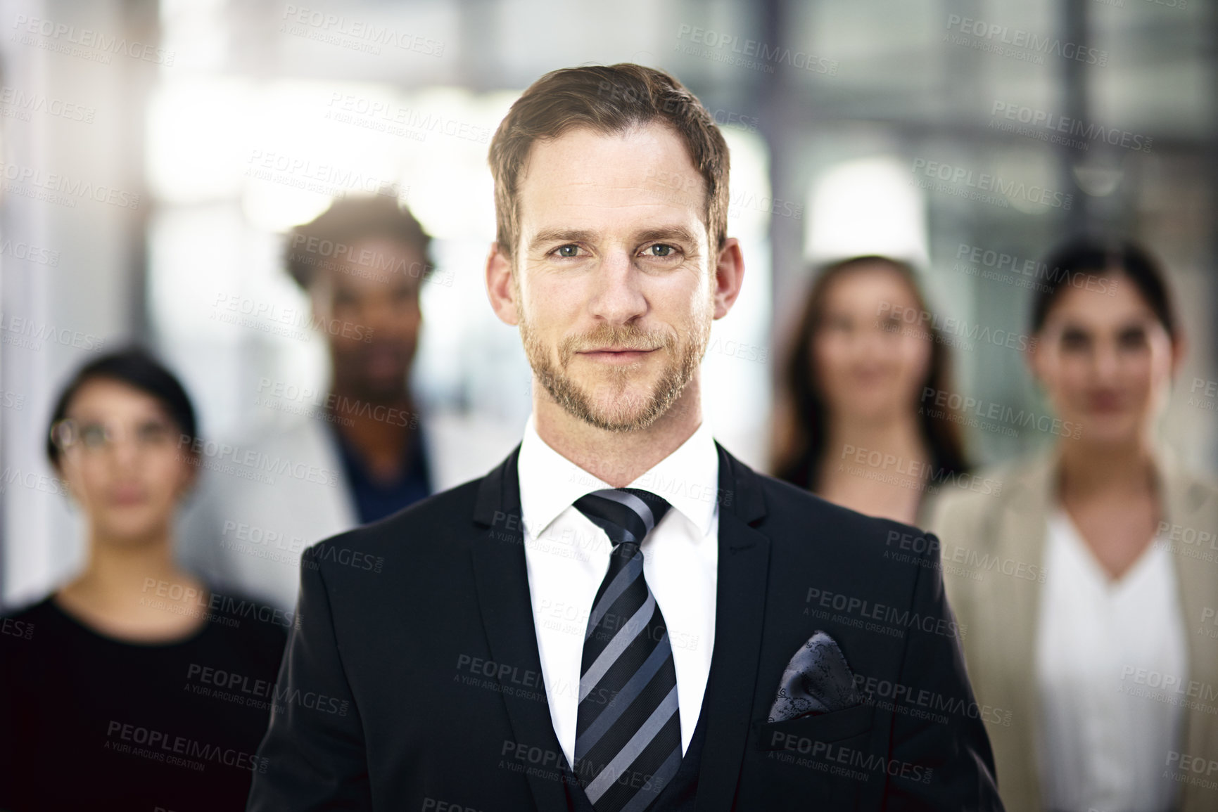 Buy stock photo Teamwork, business people and portrait of man in office for partnership, collaboration and about us. Professional lawyers, diversity and men and women with confidence, company pride and leadership