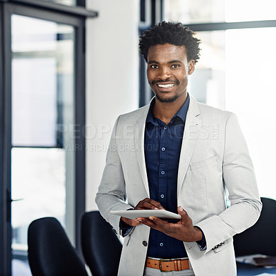 Buy stock photo Black man, portrait and business with tablet in office for research, development or corporate improvement. African businessman with smile on technology for communication or productivity at workplace