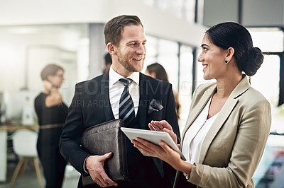 Buy stock photo Realtor, business people or tablet for meeting, real estate or discussion in office for consulting online. Project, teamwork or happy property agent with partner with technology for schedule planning