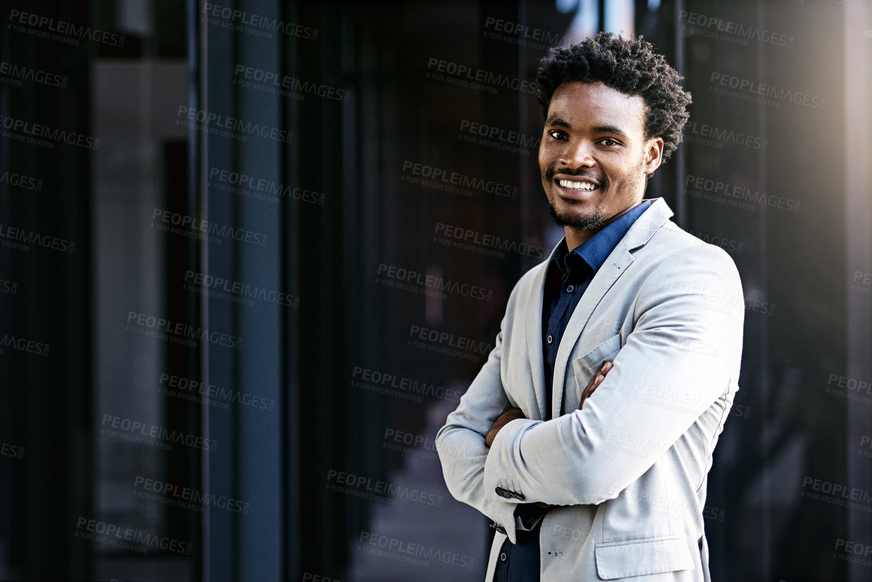 Buy stock photo Black man, portrait and confident in workplace, employee and startup company or agency. Male person, arms crossed and work in office, professional and proud of career opportunity for global business