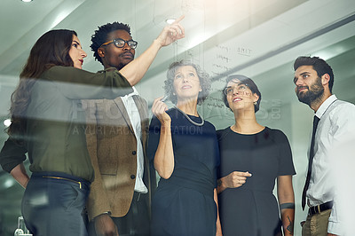 Buy stock photo Group, office or marker on glass with diversity at company, planning or strategy for corporate. Female leader, team or collaboration in workplace for job with seo, search results on window for review