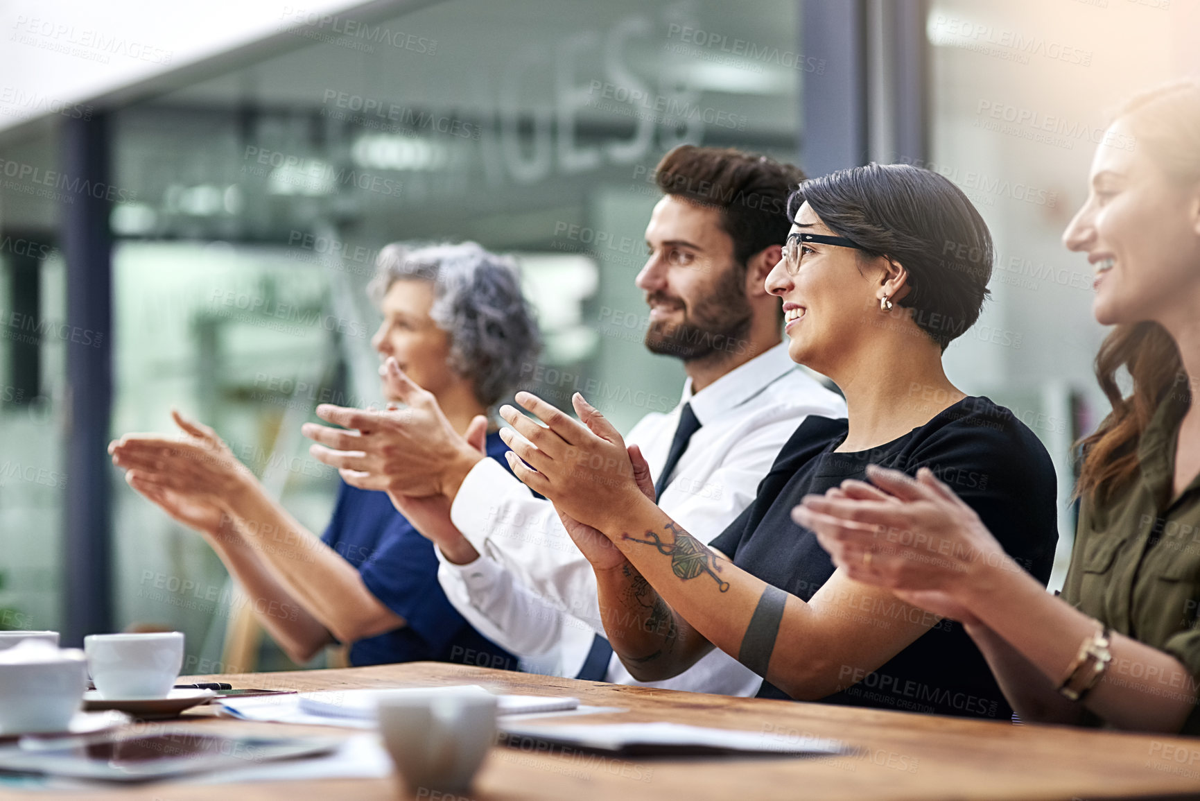 Buy stock photo Business, people and clapping hands for success in office with group for achievement of team for celebration of partnership. Corporate, man and woman in meeting for goal of project growth or deal